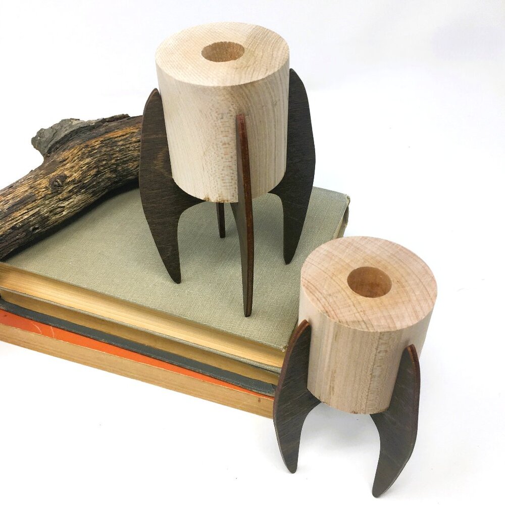 Two Tone Wood Cylinder with Stands Mid-Century Modern Style Taper Candle Holders